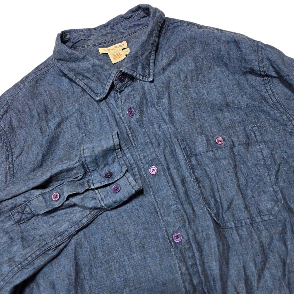 Carbon‎ 2 Cobalt Button Down Mens Large Blue Linen Long Sleeve Casual Shirt